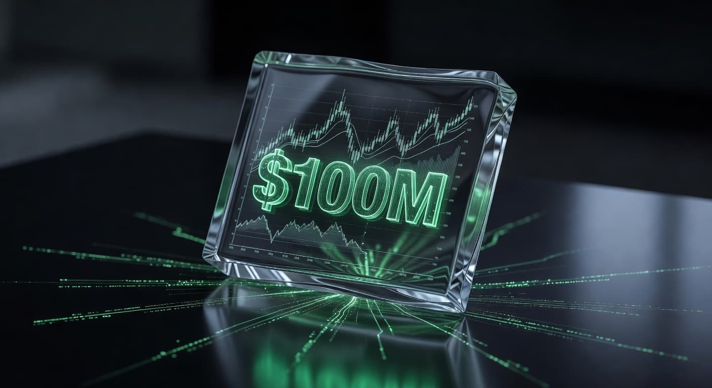 Glass milestone trophy etched with $100M and candlestick patterns on dark surface, marking copy trading options executions achievement.