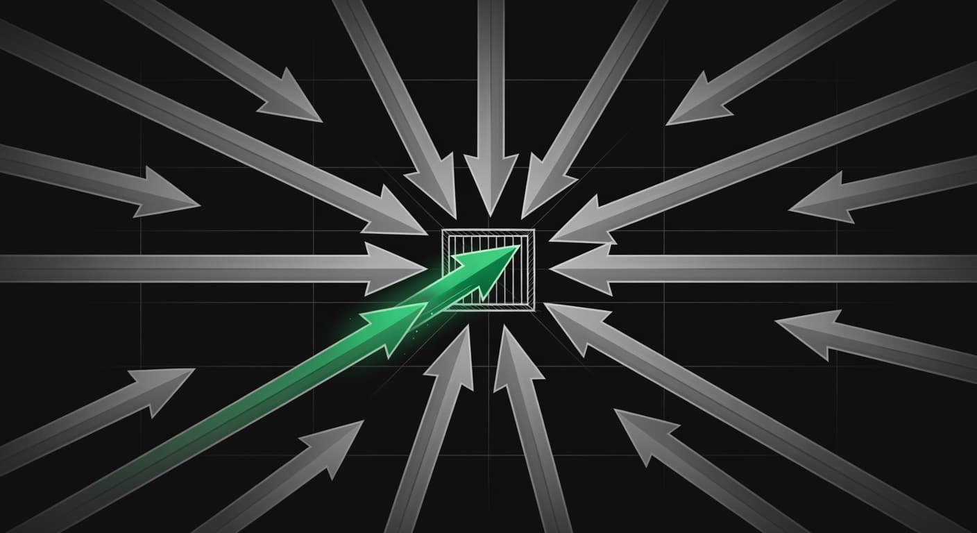 Overhead schematic of converging trade order arrows filtered through a gate, illustrating duplicate copy trade protection blocking redundant signals.
