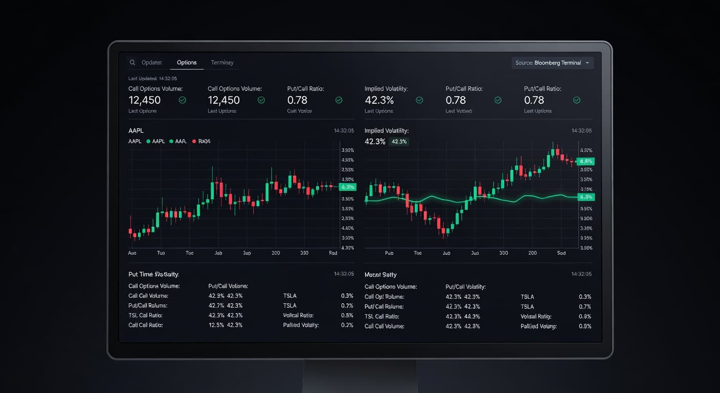 Dark trading dashboard showing verified options data and candlestick charts with an emerald-green accent line highlighting platform update metrics.